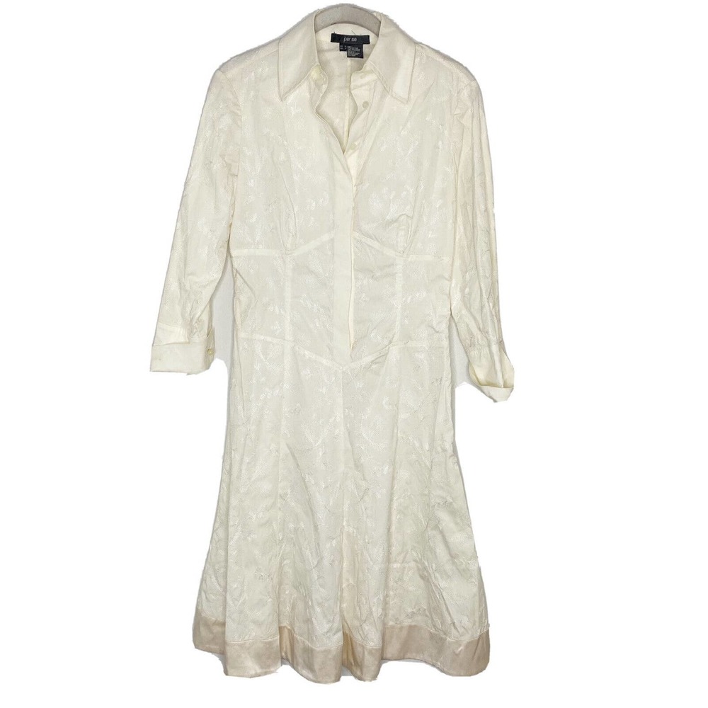 Per Se By Carlisle Women Silk Ivory Silk Embroidered Shirt Dress Size 0